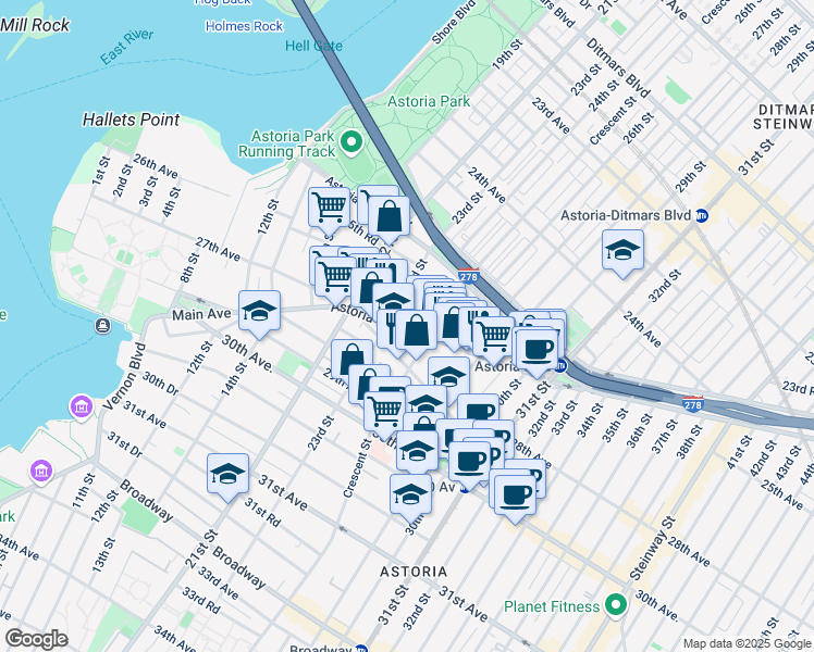 map of restaurants, bars, coffee shops, grocery stores, and more near 23-37 Astoria Boulevard in Queens