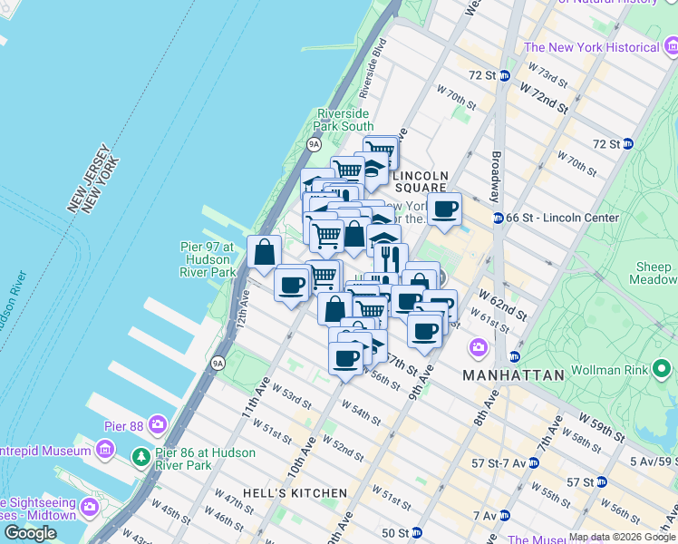 map of restaurants, bars, coffee shops, grocery stores, and more near 238 West 60th Street in New York