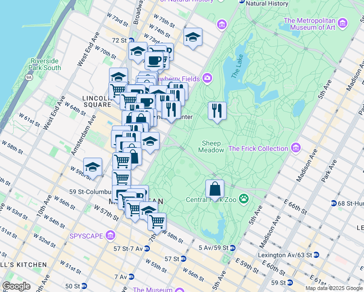map of restaurants, bars, coffee shops, grocery stores, and more near 1 West 66th Street in New York