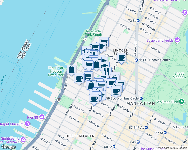 map of restaurants, bars, coffee shops, grocery stores, and more near 238 West 60th Street in New York