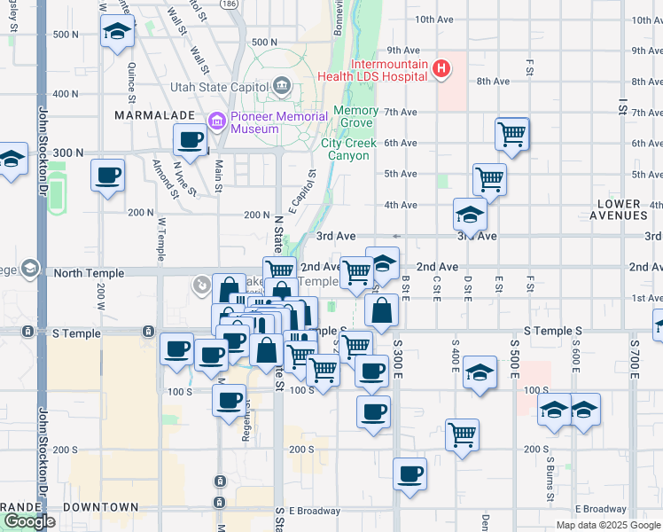map of restaurants, bars, coffee shops, grocery stores, and more near 155 East 2nd Avenue in Salt Lake City