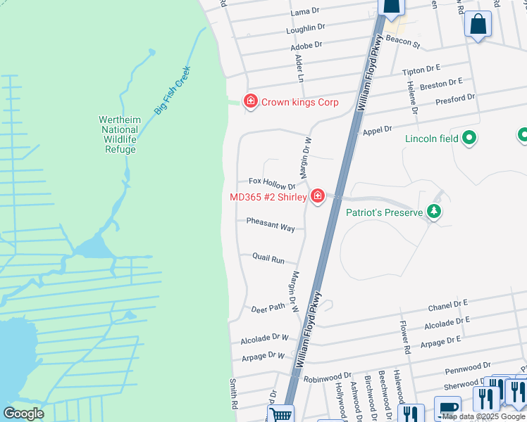 map of restaurants, bars, coffee shops, grocery stores, and more near 11 Pheasant Way in Shirley