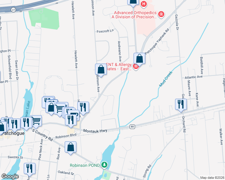 map of restaurants, bars, coffee shops, grocery stores, and more near 25 Orchid Road in East Patchogue