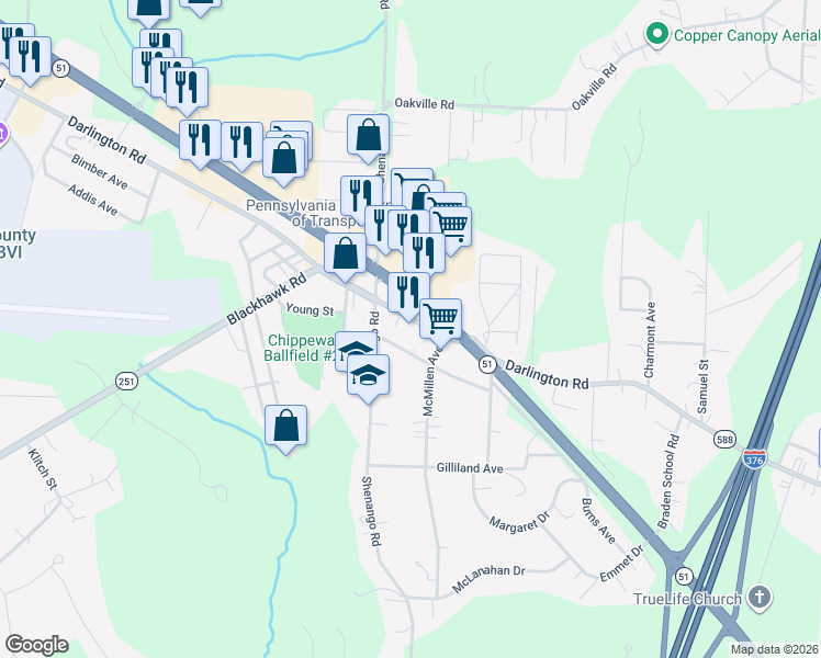 map of restaurants, bars, coffee shops, grocery stores, and more near 2533 Darlington Road in Beaver Falls
