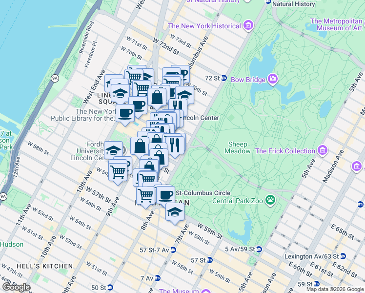 map of restaurants, bars, coffee shops, grocery stores, and more near 50 Central Park West in New York