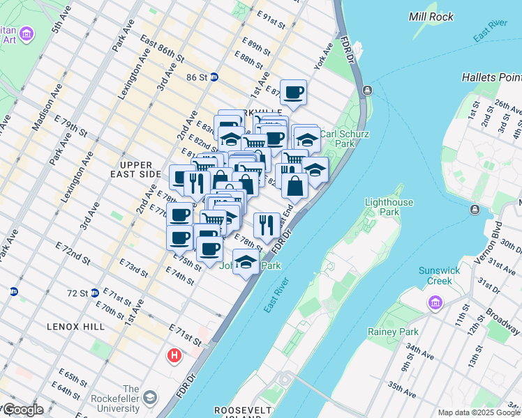 map of restaurants, bars, coffee shops, grocery stores, and more near 511 East 80th Street in New York