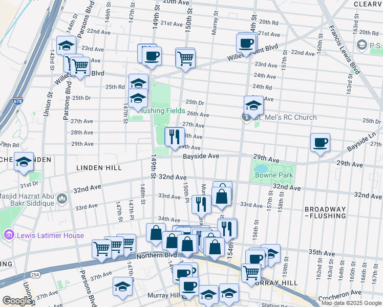 map of restaurants, bars, coffee shops, grocery stores, and more near 150-43 Bayside Avenue in Queens
