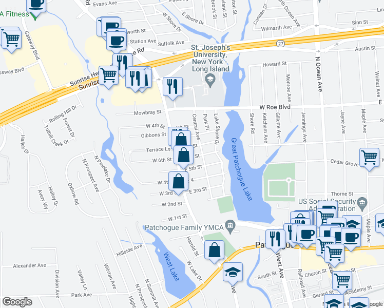 map of restaurants, bars, coffee shops, grocery stores, and more near 24 East 6th Street in Patchogue