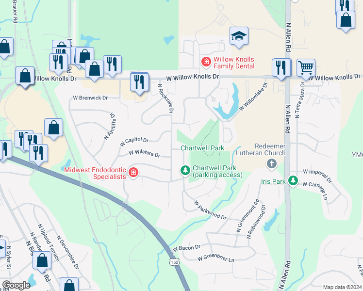 map of restaurants, bars, coffee shops, grocery stores, and more near 6818 North Parkwood Drive in Peoria