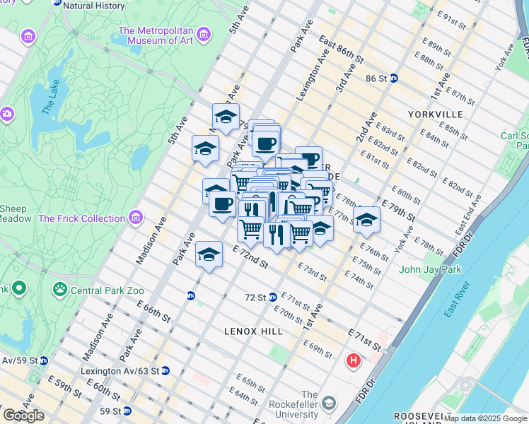 map of restaurants, bars, coffee shops, grocery stores, and more near 196 East 75th Street in New York