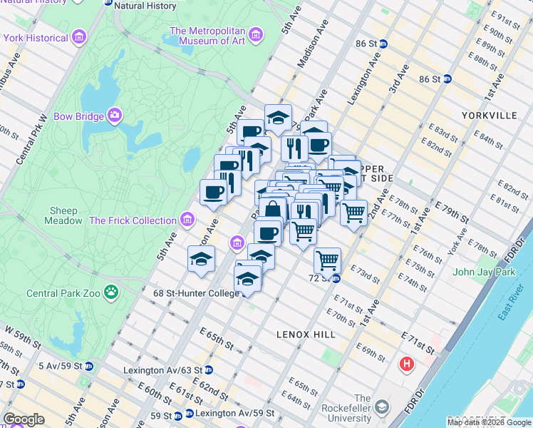 map of restaurants, bars, coffee shops, grocery stores, and more near 105 East 73rd Street in New York