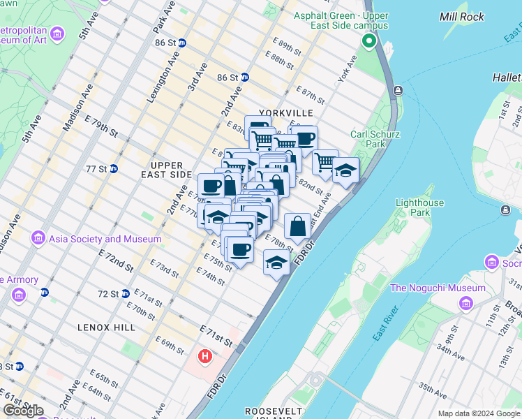 map of restaurants, bars, coffee shops, grocery stores, and more near 503 East 79th Street in New York