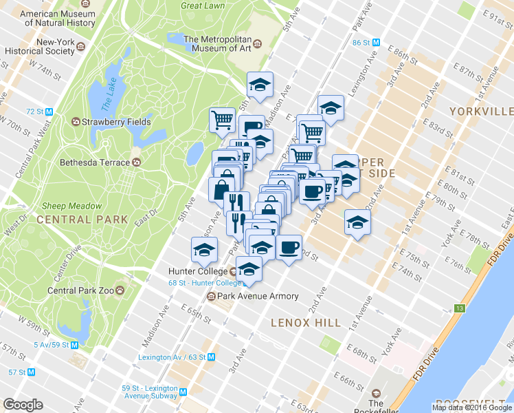 map of restaurants, bars, coffee shops, grocery stores, and more near Park Ave & E 73rd St in New York