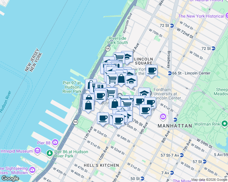 map of restaurants, bars, coffee shops, grocery stores, and more near 10 West End Avenue in New York