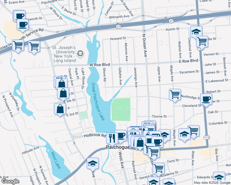 map of restaurants, bars, coffee shops, grocery stores, and more near 53 Cedar Avenue in Patchogue