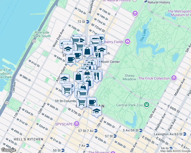 map of restaurants, bars, coffee shops, grocery stores, and more near 141 West 64th Street in New York