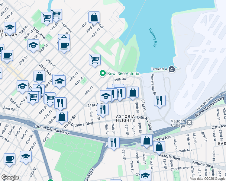 map of restaurants, bars, coffee shops, grocery stores, and more near 19-62 77th Street in Queens