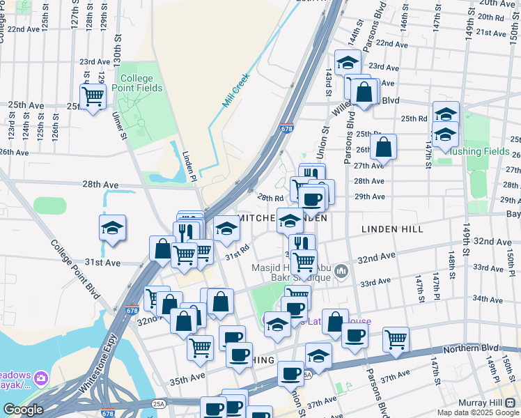 map of restaurants, bars, coffee shops, grocery stores, and more near 29-08 139th Street in Queens