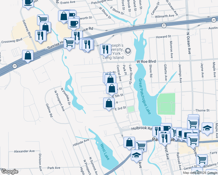 map of restaurants, bars, coffee shops, grocery stores, and more near 205 Waverly Avenue in Patchogue