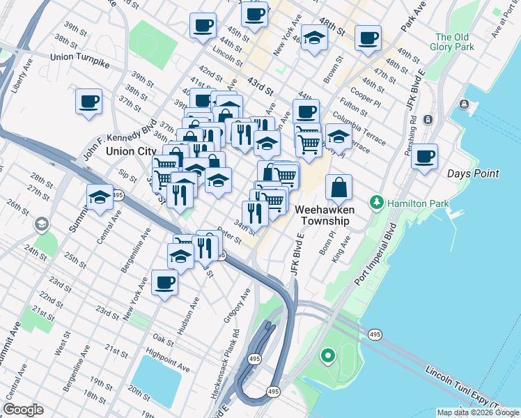 map of restaurants, bars, coffee shops, grocery stores, and more near 118 35th Street in Union City