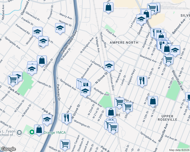 map of restaurants, bars, coffee shops, grocery stores, and more near 533 North Grove Street in East Orange