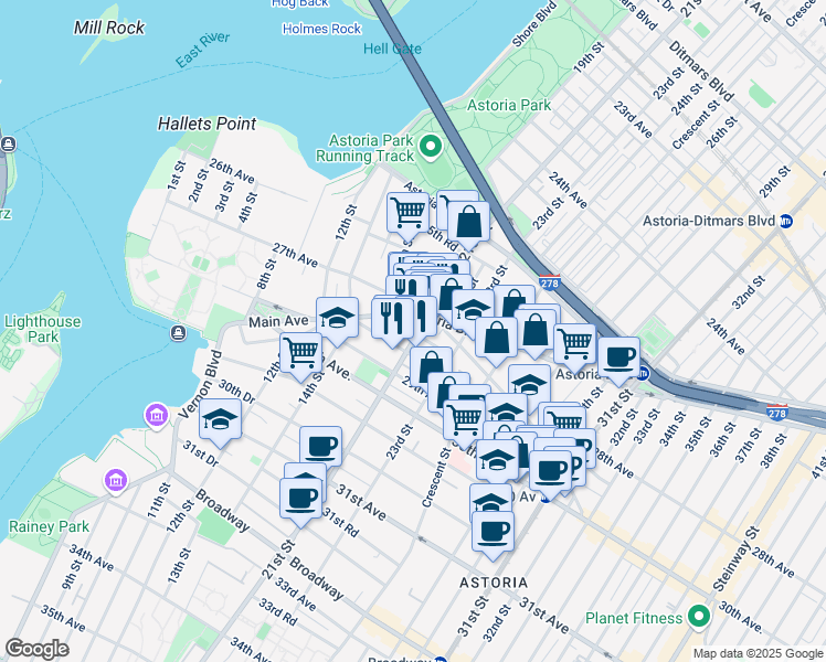 map of restaurants, bars, coffee shops, grocery stores, and more near 27-24 23rd Street in Queens