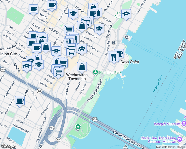 map of restaurants, bars, coffee shops, grocery stores, and more near 773 Boulevard East in Weehawken