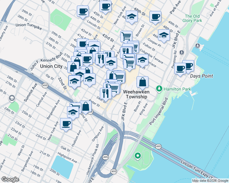 map of restaurants, bars, coffee shops, grocery stores, and more near 3516 Park Avenue in Weehawken