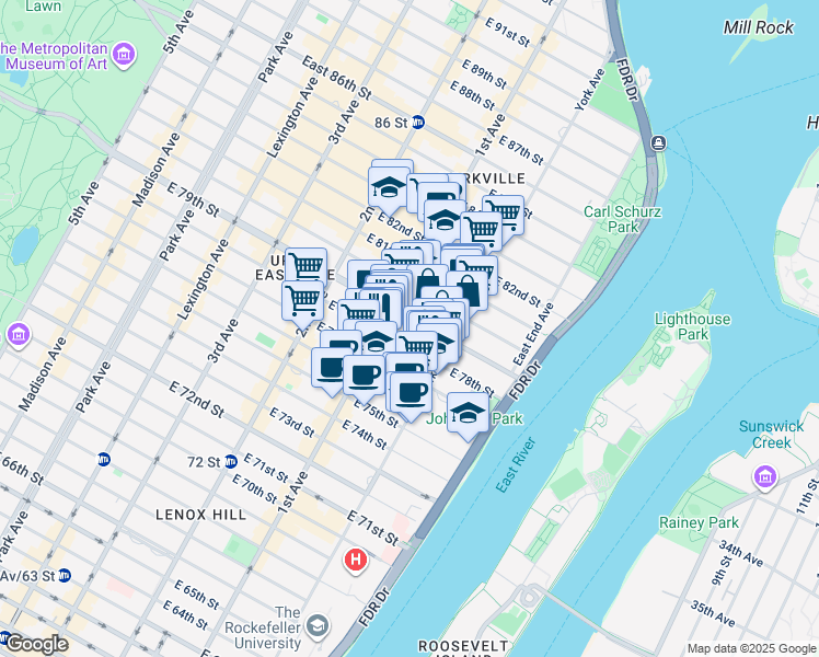 map of restaurants, bars, coffee shops, grocery stores, and more near 412 East 79th Street in New York