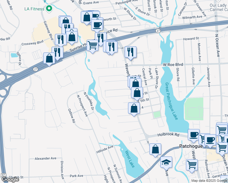 map of restaurants, bars, coffee shops, grocery stores, and more near 19 Terrace Lane in Patchogue