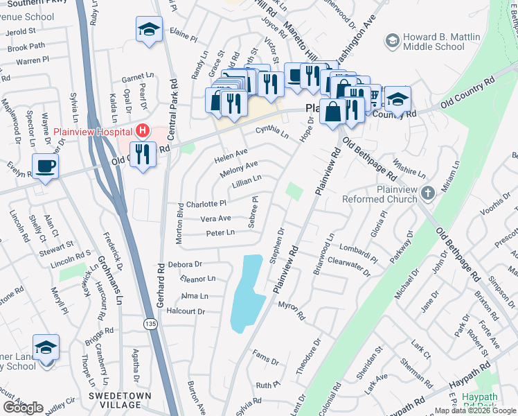 map of restaurants, bars, coffee shops, grocery stores, and more near 64 Hope Drive in Plainview