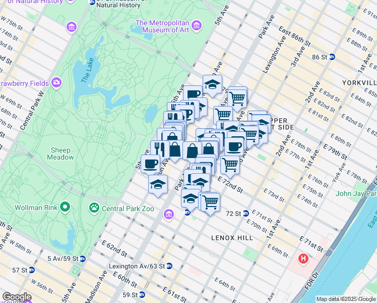 map of restaurants, bars, coffee shops, grocery stores, and more near 773 Park Avenue in New York