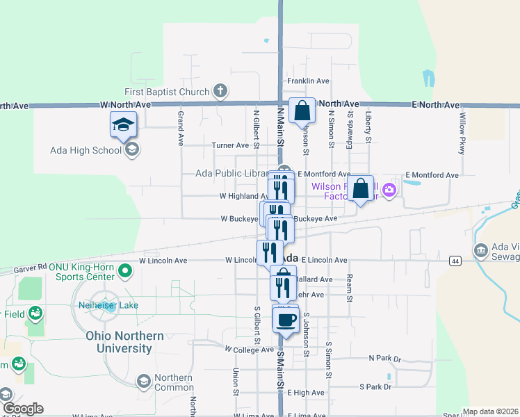 map of restaurants, bars, coffee shops, grocery stores, and more near 124 West Buckeye Avenue in Ada