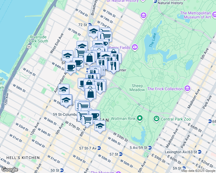 map of restaurants, bars, coffee shops, grocery stores, and more near Central Park West & W 65th St in New York
