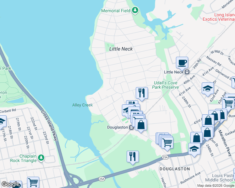 map of restaurants, bars, coffee shops, grocery stores, and more near 38-55 235th Street in Queens