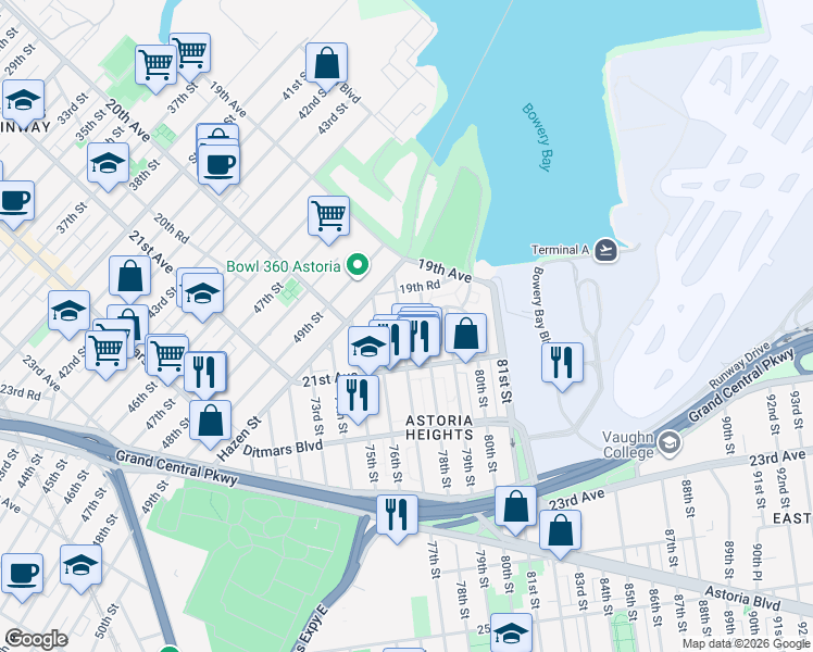 map of restaurants, bars, coffee shops, grocery stores, and more near 19-55 77th Street in Queens