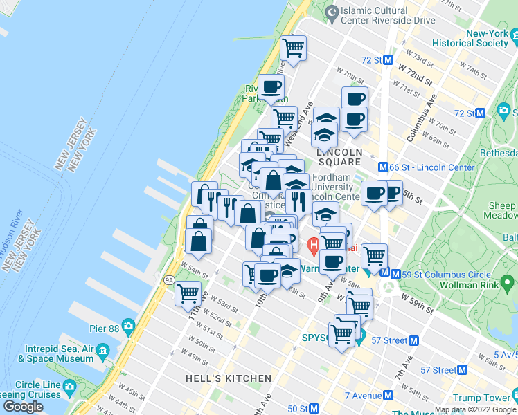map of restaurants, bars, coffee shops, grocery stores, and more near 594 West 59th Street in New York