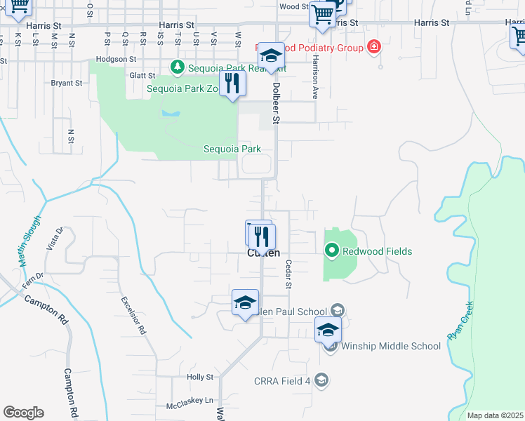 map of restaurants, bars, coffee shops, grocery stores, and more near Walnut Street & Redwood Street in Eureka