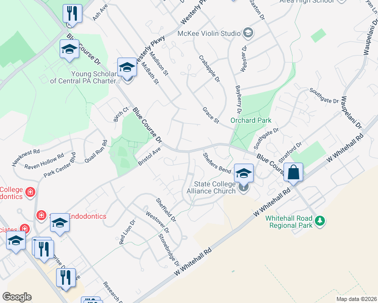 map of restaurants, bars, coffee shops, grocery stores, and more near 3398 Shellers Bend in State College