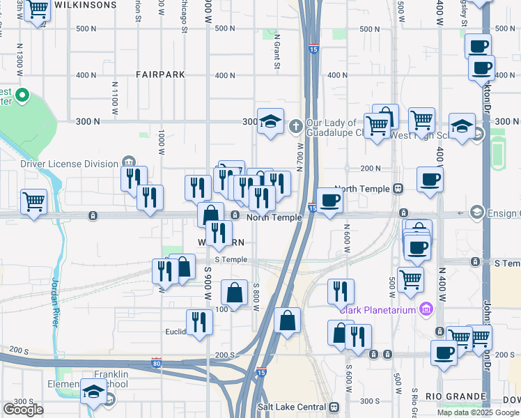 map of restaurants, bars, coffee shops, grocery stores, and more near 770 West North Temple in Salt Lake City