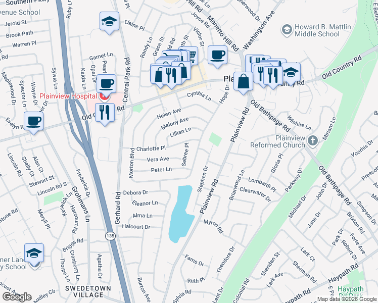 map of restaurants, bars, coffee shops, grocery stores, and more near 64 Hope Drive in Plainview