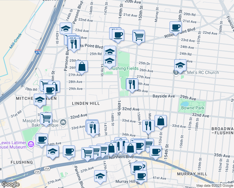 map of restaurants, bars, coffee shops, grocery stores, and more near 148-25 Bayside Avenue in Queens