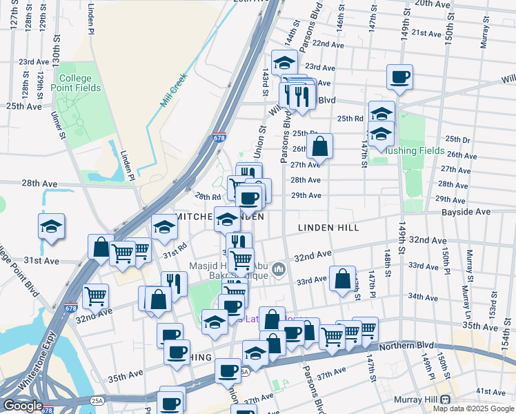 map of restaurants, bars, coffee shops, grocery stores, and more near 29-30 Union Street in Queens