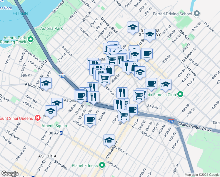 map of restaurants, bars, coffee shops, grocery stores, and more near 33-3 24th Avenue in Queens