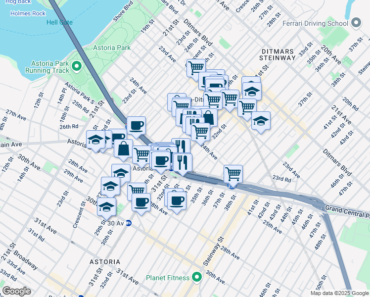 map of restaurants, bars, coffee shops, grocery stores, and more near 1800 Hoyt Avenue North in Queens