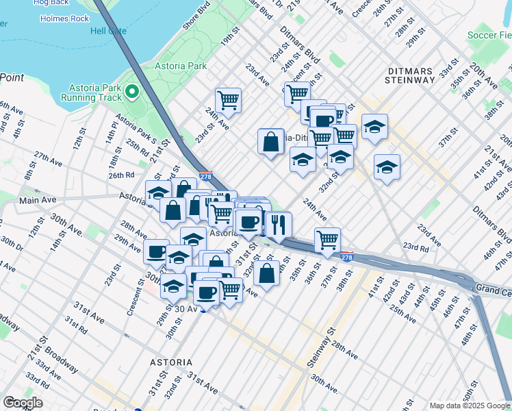 map of restaurants, bars, coffee shops, grocery stores, and more near 2428 Hoyt Avenue North in Queens