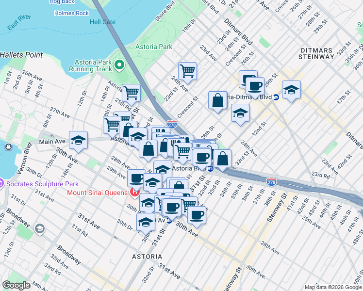 map of restaurants, bars, coffee shops, grocery stores, and more near 27-14 Hoyt Avenue South in Queens