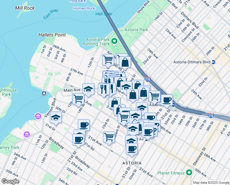 map of restaurants, bars, coffee shops, grocery stores, and more near 27-24 23rd Street in Queens