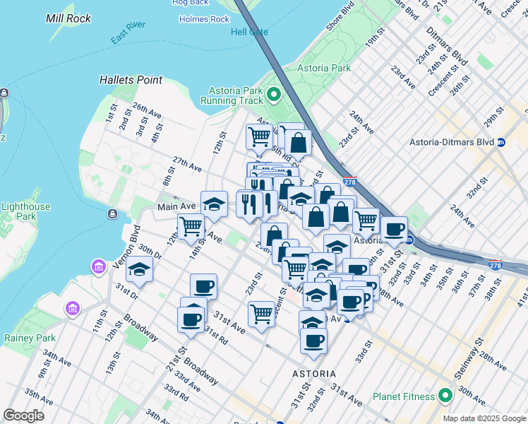 map of restaurants, bars, coffee shops, grocery stores, and more near 27-24 23rd Street in Queens