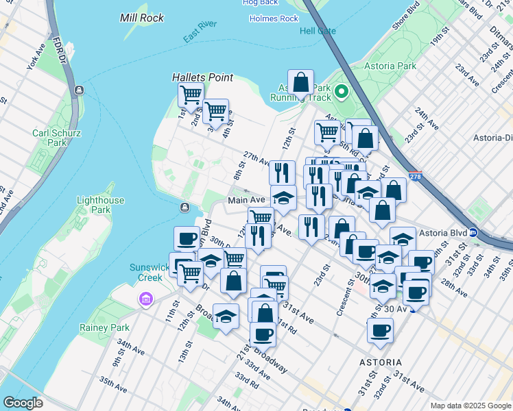 map of restaurants, bars, coffee shops, grocery stores, and more near in Queens